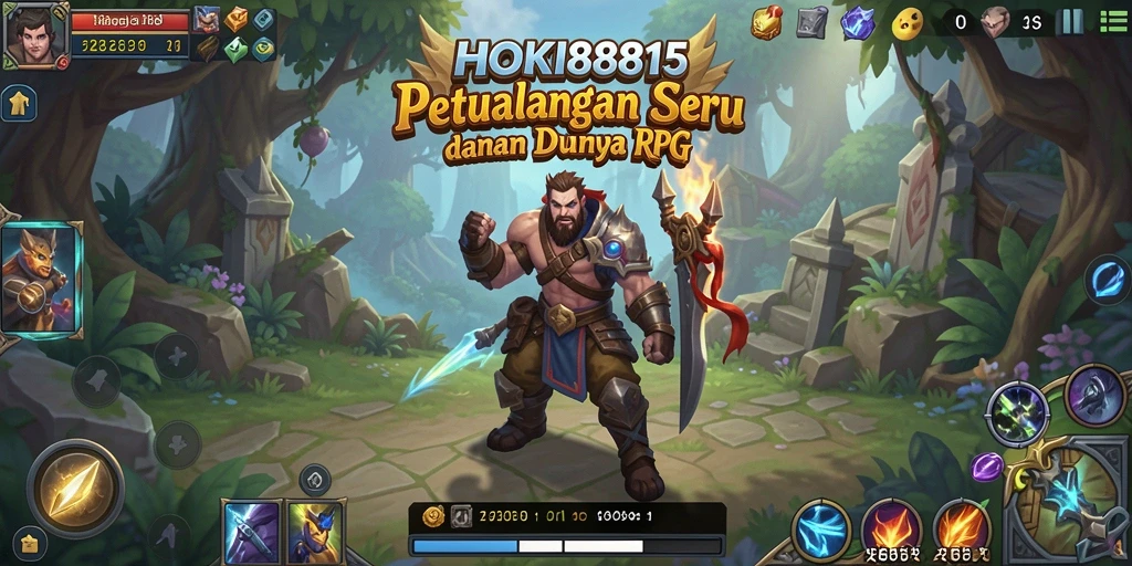 Antarmuka utama HOKI8815 menampilkan karakter RPG yang khas dan pemandangan dunia yang luas.