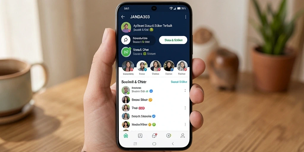 Tampilan antarmuka aplikasi JANDA303 dengan stiker dan status menarik.