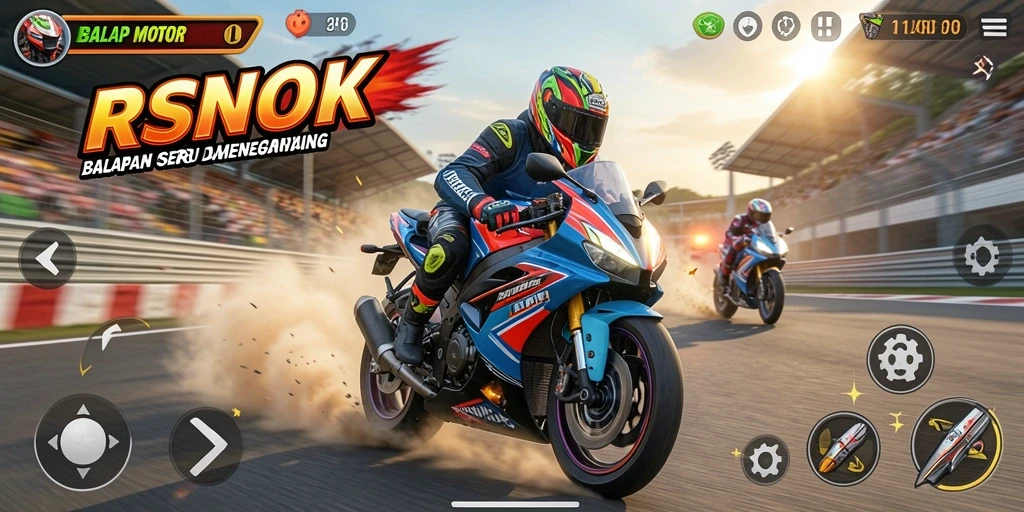 Screenshot utama RSNOK menunjukkan aksi balapan motor yang mendebarkan.